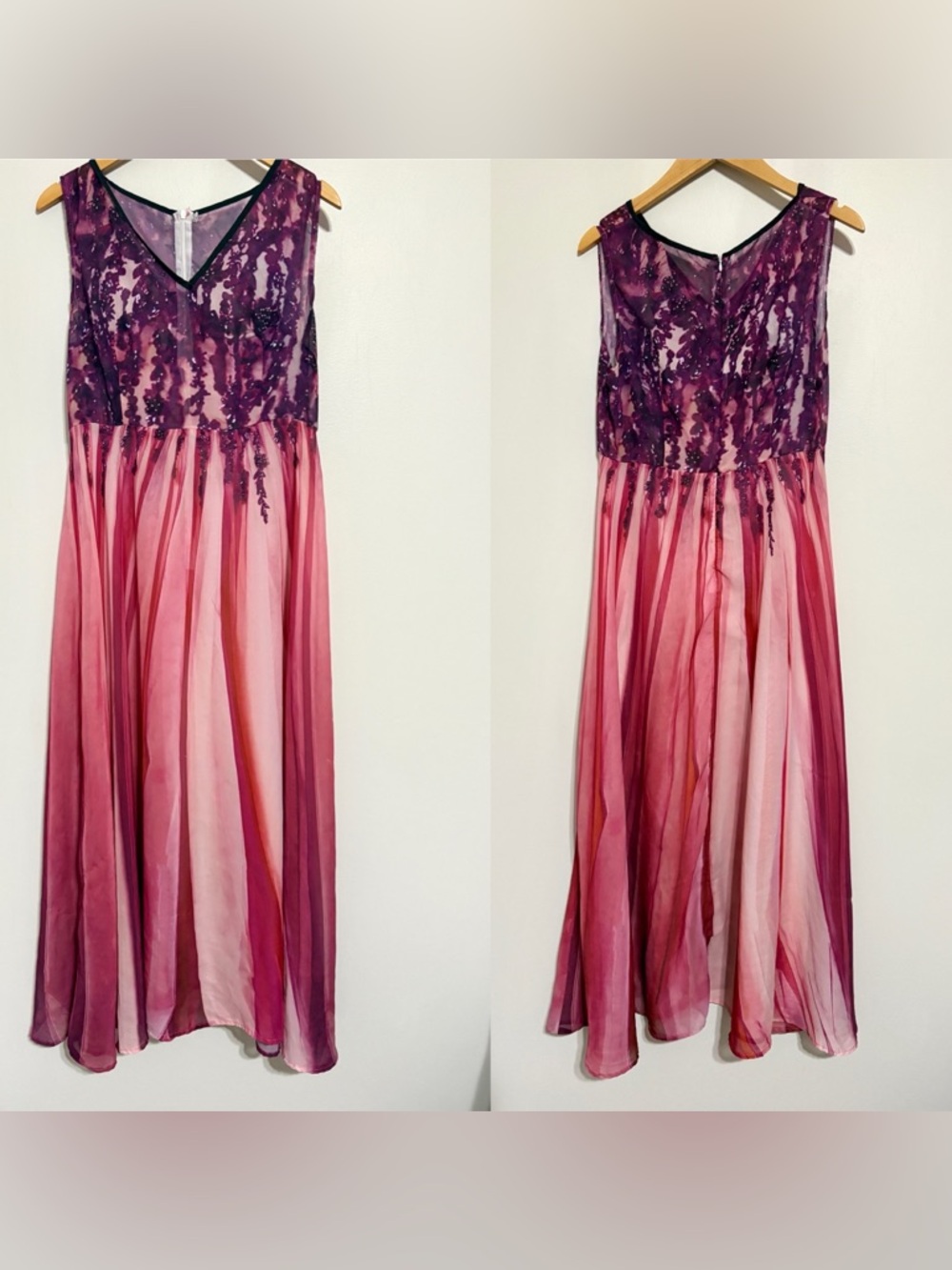 Purple and Pink Floral Print Sleeveless Maxi Length Princess Gown Medium Large